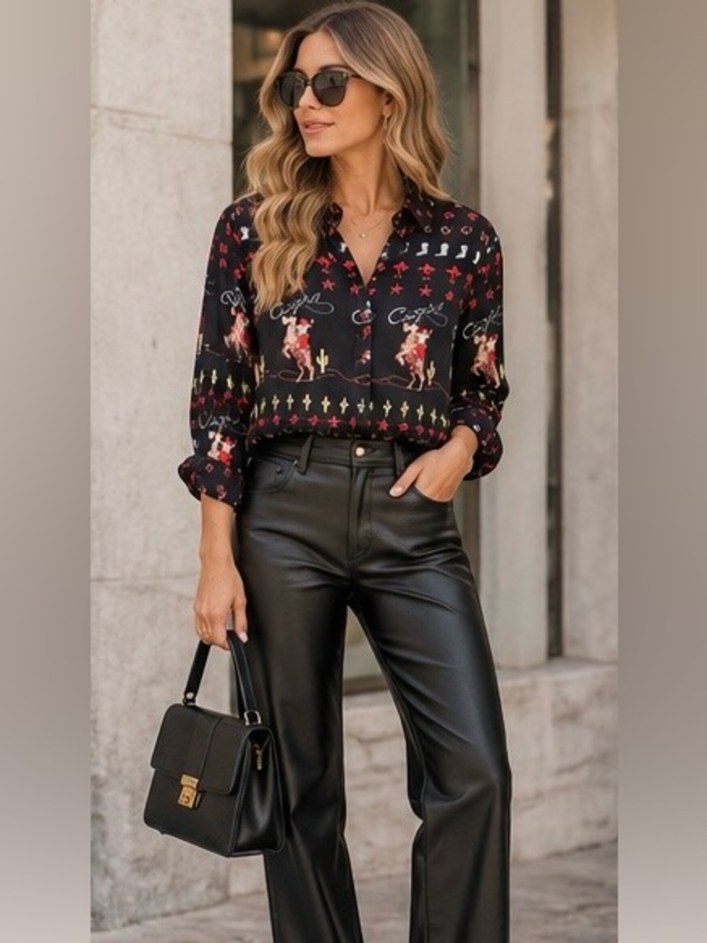 Retro Western Cowgirl Print Button Down Shirt